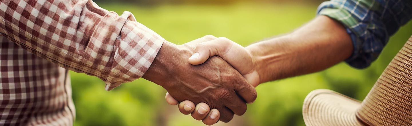 Two men shaking hands in a rural country setting